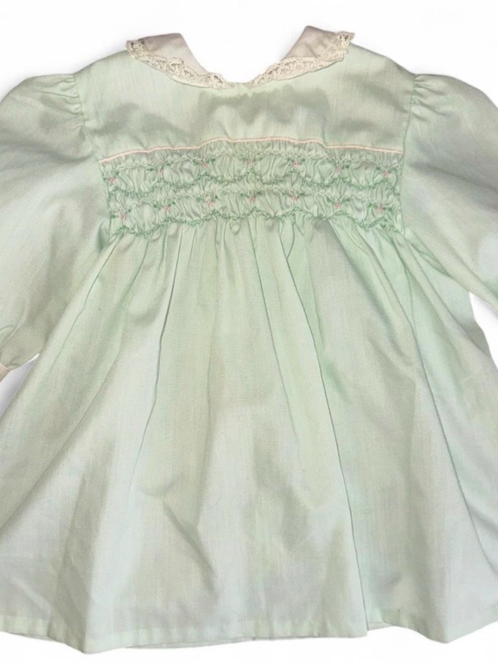 Vintage Polly Flinders Hand-Smocked Baby Dress Mint Green 3–9M